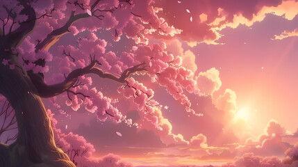 A soft pastel pink sky with a single sakura branch in the center, drawn with delicate line art, casting subtle shadows, creating a serene and minimal anime scene with ample negative space