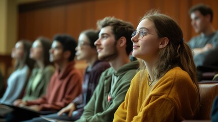 Fototapeta premium Students Attentively Listening to a Professor During a University Lecture in a Large Classroom Setting. Generative AI