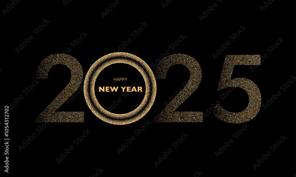 Poster 2025 happy new year trendy design with sparkling shiny numbers in luxury silver and gold colors. dot