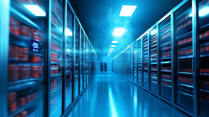 Obraz premium A high-tech refrigerated storage warehouse, filled with towering shelves lined with neatly organized pallets of perishable goods, with cool mist rising and digital temperature disp