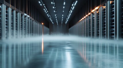 Fototapeta premium A futuristic refrigerated storage warehouse with sleek, silver shelving units holding pallets of temperature-sensitive products, with the chill of the room visible in the form of m