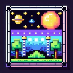 Futuristic pixel space banner featuring dynamic geometric patterns, ideal for technology or gaming-themed projects.