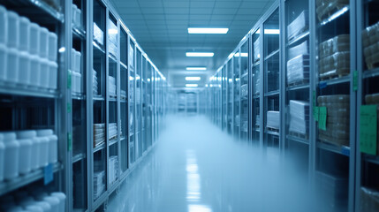 Fototapeta premium Inside a temperature-controlled cold room, neat rows of industrial shelves are filled with pallets of refrigerated products, the cold mist swirling around as overhead lights cast a