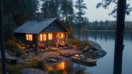 Obraz premium A cozy wooden cabin sits on a lake shore, lit up at dusk with a boat tied up nearby.