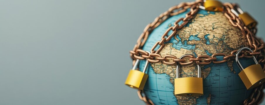 A globe encased in chains and padlocks, blocking free trade between countries, locked global economy, international restriction concept - Powered by Adobe