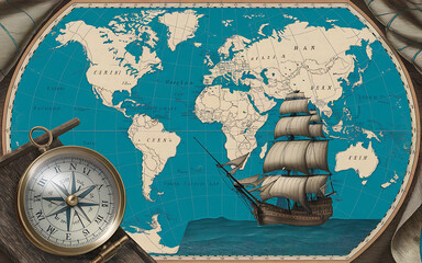 Vintage world map with compass and sailing ship  blue and brown  nautical adventure  exploration and discovery   