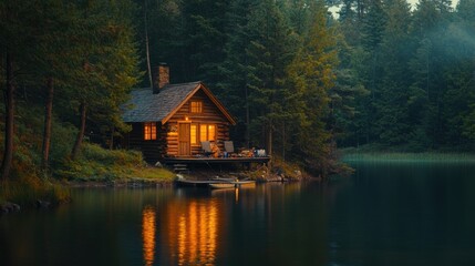 A cozy wooden cabin sits on the edge of a lake, bathed in the warm glow of evening light.  The trees surrounding the cabin create a sense of peace and tranquility.