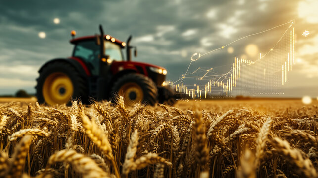 A tractor in a lush wheat field, with tall stalks bending under the weight of ripe grains, while dynamic financial graphs emerge from the ground, symbolizing the growth of agricult