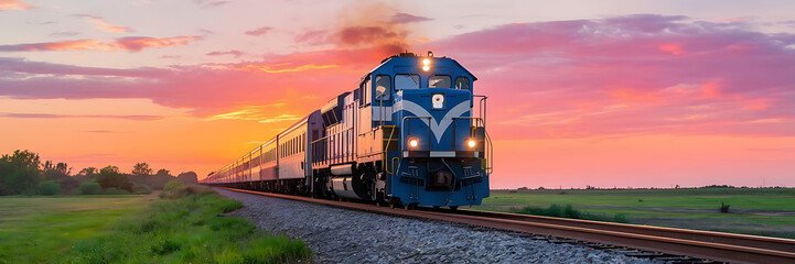 Fototapeta premium Blue train against a pink sunset sky perfect for travel and transportation concepts 