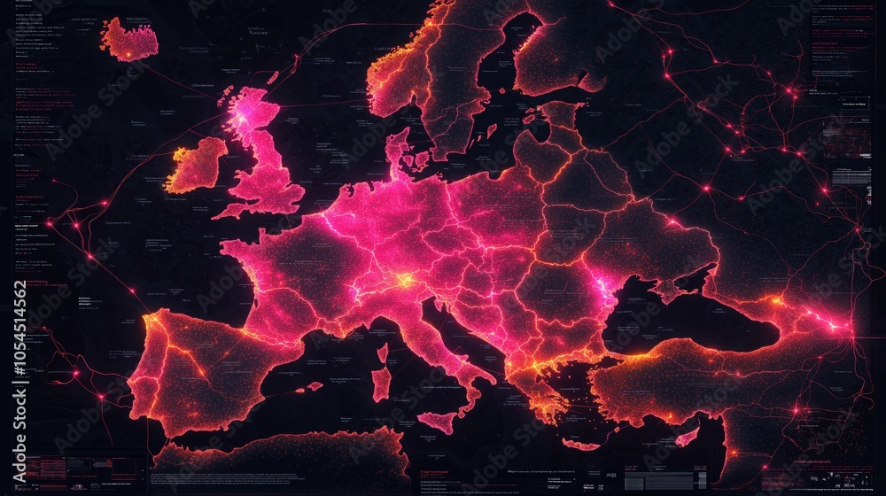 Poster futuristic cyber network map of europe in neon pink glow showing digital connectivity and modern inf