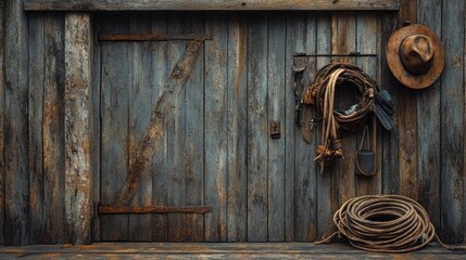 A weathered wooden wall with a cowboy hat, saddle, and rope hanging on it.
