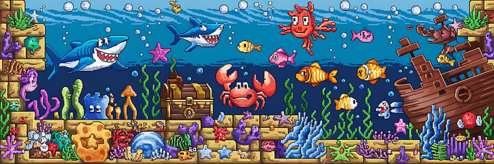 Pixelated underwater scene with blue shark and red crab  perfect for children s book illustrations   