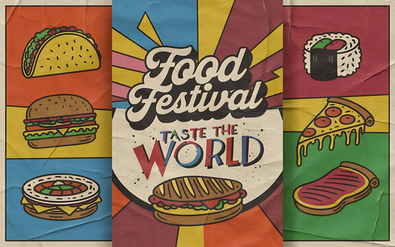 Retro style food festival poster with colorful food illustrations and a vintage aesthetic   