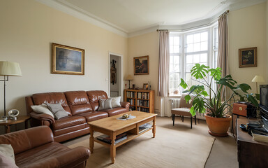 Fototapeta premium Brown leather sofa and green plant in a bright living room cozy home interior design 