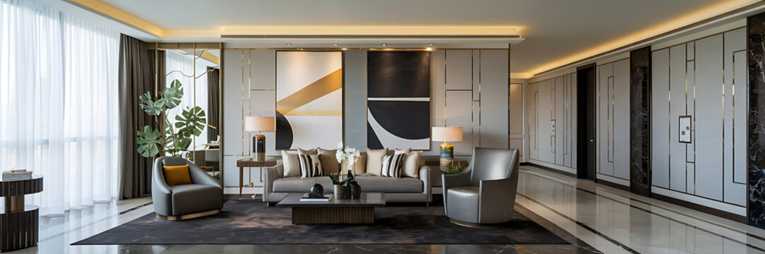 Luxury living room with grey and gold accents  modern design  contemporary elegance  and a sense of sophistication   
