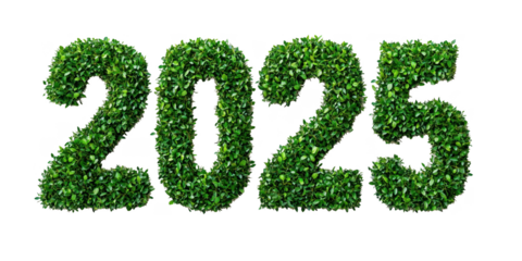 Typography design of "2025" made of green bushes, green eco concept, transparent background