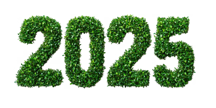 Typography design of "2025" made of green bushes, green eco concept, transparent background