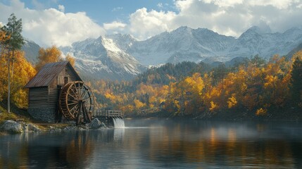 Fototapeta premium A traditional wooden watermill stands on a small lake in a valley, with snow-capped mountains in the background and vibrant autumnal foliage on the trees.