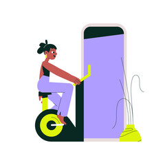 Cardio workout on exercise bike, isolated flat vector illustration symbolizing fitness, indoor cycling, and a healthy lifestyle.