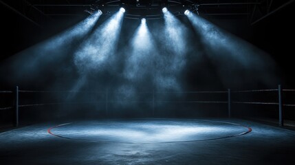 An illuminated boxing ring with dramatic lighting and smoke effects.