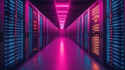 Fototapeta premium A long hallway with rows of servers, lit by colorful neon lights.