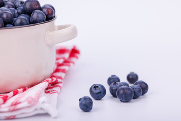 Small ceramic pot full of vibrant blueberries on a seamless white background, detailed close-up