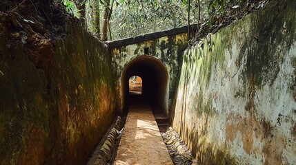 Historical site of the Cu Chi Tunnels in Vietnam, with narrow passageways and hidden entrances, offering a glimpse into the past