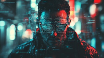 A futuristic figure in sunglasses surrounded by digital overlays and neon lights.