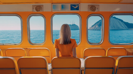 Fototapeta premium A woman in an orange dress sits on a ferry, gazing at the serene ocean and distant islands. The bright interior enhances the calm and contemplative mood of travel and adventure.