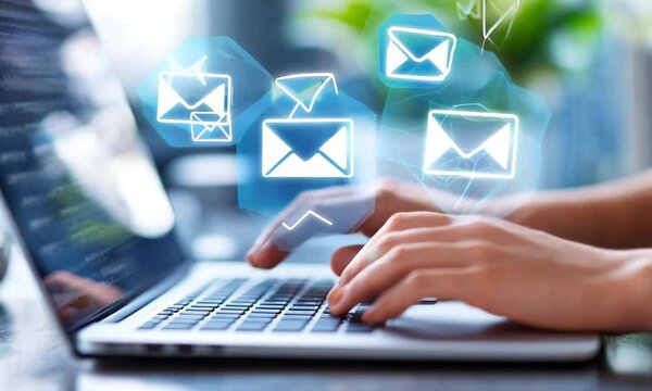 A person typing on a laptop with email icons floating above, symbolizing communication.