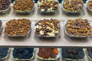 Nuts and dried fruits on display at a market