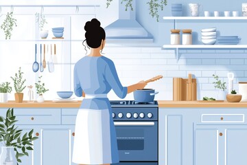 Illustration of a Woman Preparing a Meal in a Vintage Kitchen