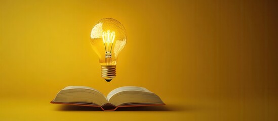 A floating light bulb illuminates an open book against a vibrant yellow background, symbolizing creativity and inspiration