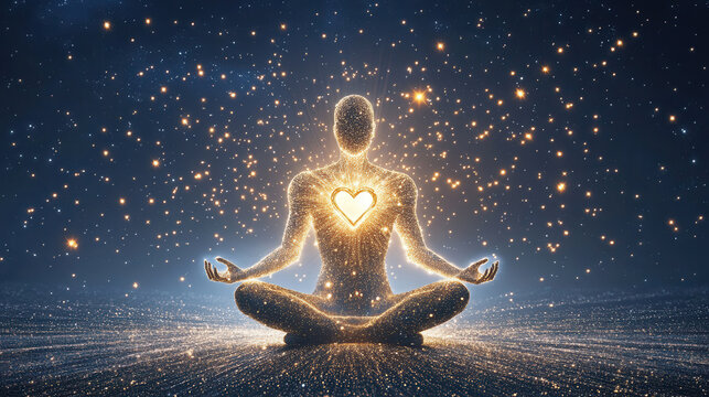 Spiritual meditation background with chakras prana and cosmic universe themes. Concept Spiritual Meditation, Chakras, Prana, Cosmic Universe, spiritual growth, opening of the anahata heart chakra