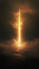 Mystical glowing light piercing dark sky, atmospheric landscape. Cosmic phenomenon and nature wonder concept