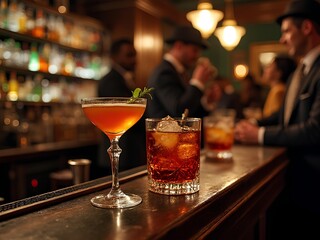 Vintage Speakeasy: A cozy, dimly-lit speakeasy bar from the 1920s, featuring classic cocktails served in ornate glasses, with patrons in period attire enjoying jazz music.