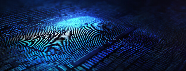 A close-up fingerprint image symbolizing digital security highlighting biometric patterns on a data background with copy space. Panorama
