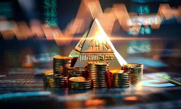 A pyramid of coins surrounded by stacks, symbolizing wealth and investment.