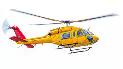 A yellow helicopter with a red tail is flying in the air. The background is white.