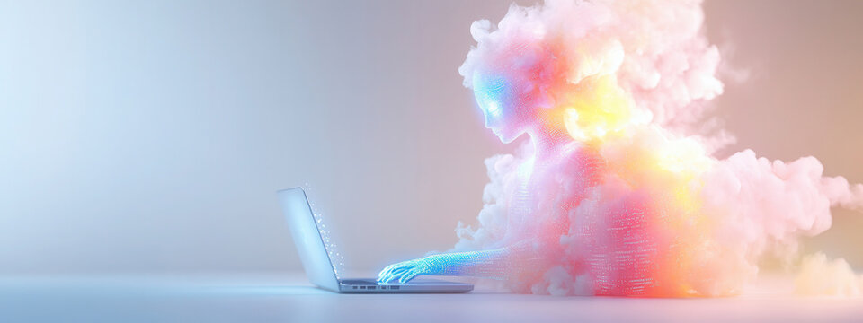 AI humanoid figure made of light interacts with a woman typing on her laptop in a vibrant digital cityscape at night, banner, background, artificial intelligence