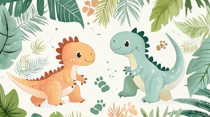 Obraz premium Cute Cartoon Dinosaurs in a Tropical Jungle with Colorful Leaves and Footprints - Fun and Playful Children's Illustration