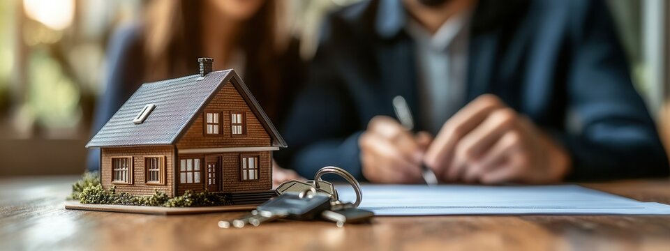 Close-up of a miniature house model and keys with a couple signing a real estate contract alongside their agent in a cozy setting, banner, background
