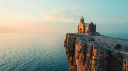Ancient cliffside church at sunset - majestic landscape for spiritual inspiration