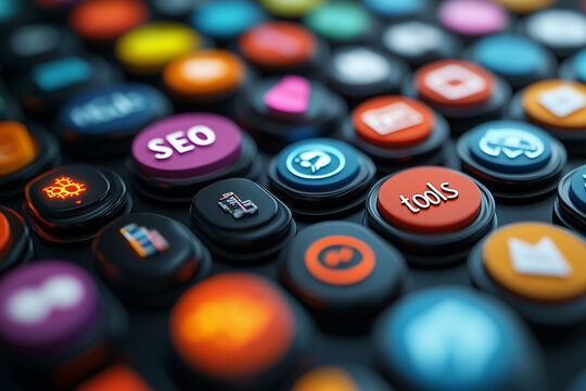 Icon grid of "SEO tools" such as keyword research, backlink analysis, and technical SEO.