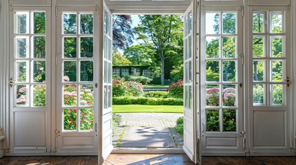 Elegant french doors open to a lush garden with blooming flowers and sunlight