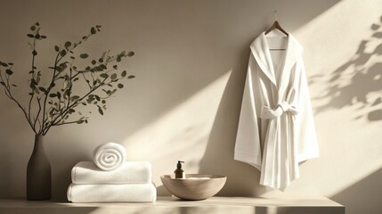A serene bathroom scene with towels, a robe, and a plant, evoking relaxation and comfort.