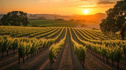 A scenic vineyard bathed in the golden hues of a setting sun.