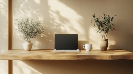 Fototapeta premium Laptop computer sitting on a wooden desk next to a plant