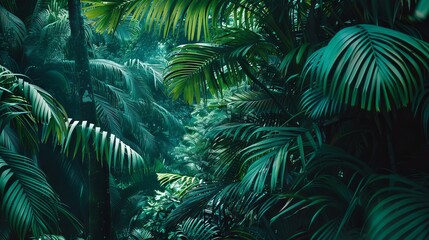Lush tropical jungle with dense greenery and palm leaves creating a serene and vibrant nature scene. Copy space