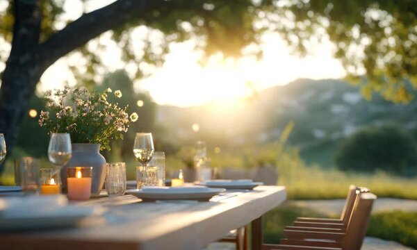 A serene outdoor dining setup at sunset with flowers, glasses, and plates, inviting relaxation and connection.